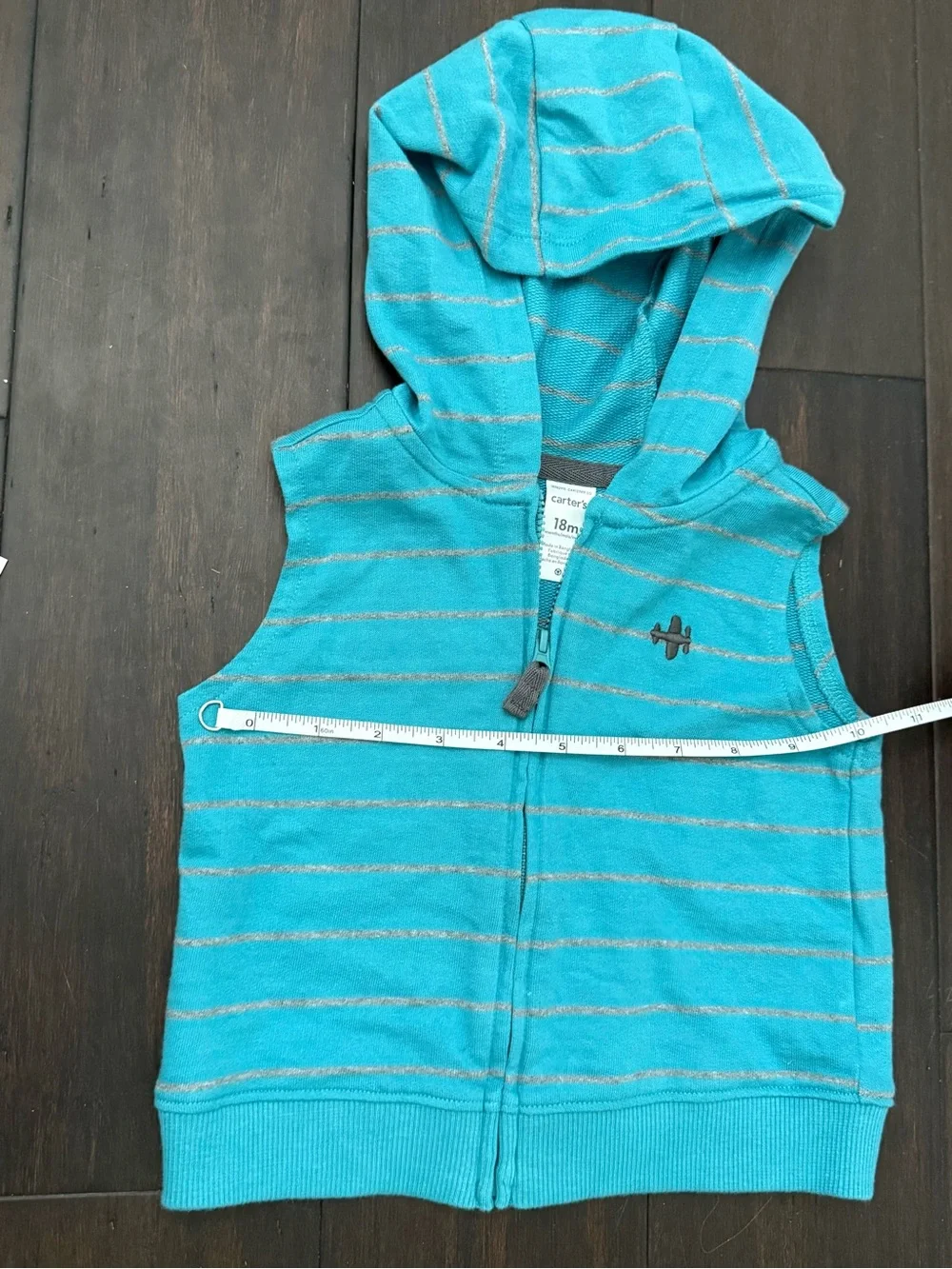 Carter's Turquoise Striped Sleeveless Hooded Zip-Up Vest